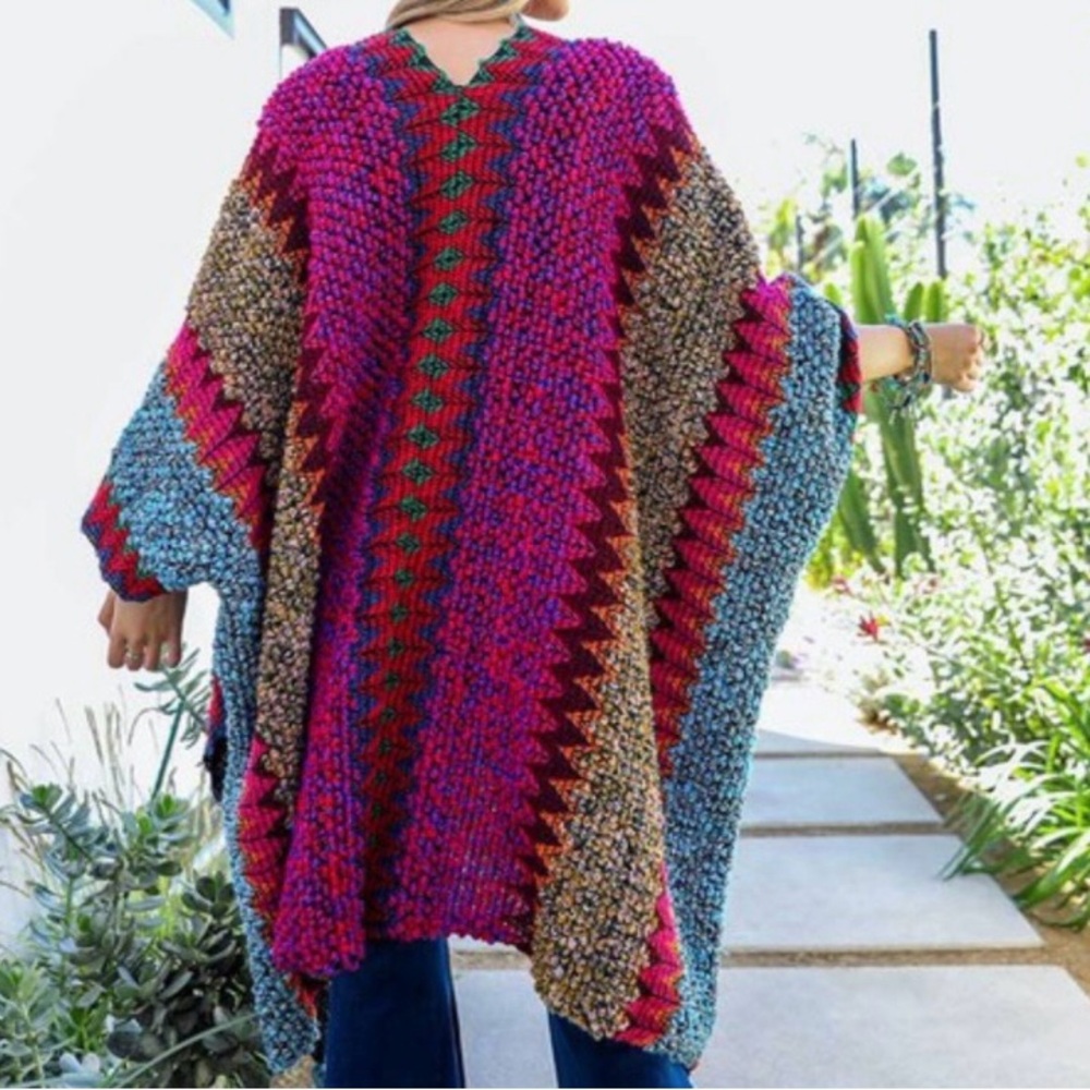 Boho Purple and Blue Chunky Knit Poncho Sweater